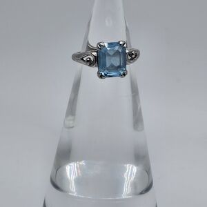 Emerald Cut Blue Glass / Rhinestone.  Sterling Silver ring.  Size 6